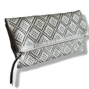 Madison West Gray Studded Foldover Clutch Crossbody Vegan Leather Envelope Bag